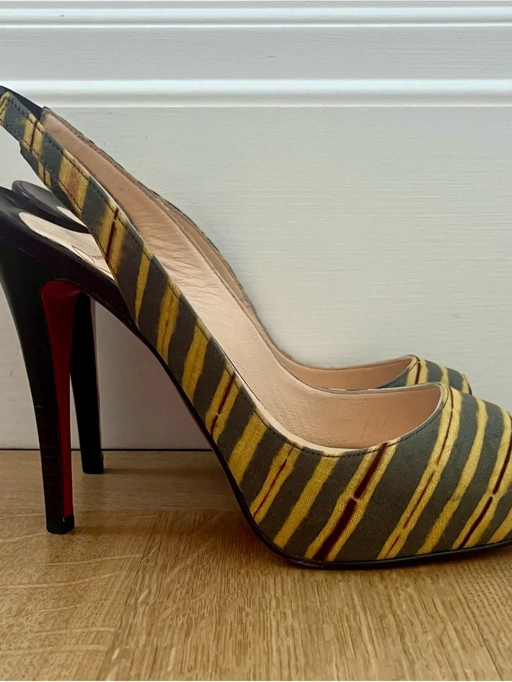 Christian Louboutin Striped Multicolor Peep-Toe Slingback Heels Size US 7/EU 37